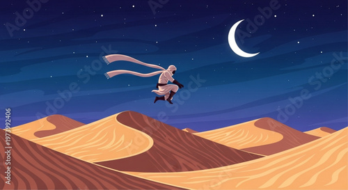 Person in traditional desert clothing jumping over sand dunes under a large crescent moon in a peaceful night landscape digital art illustration