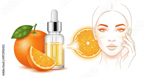 Professional skin care serum bottle with orange extract and cosmetic illustration of woman face for vitamin c brightening treatment concept