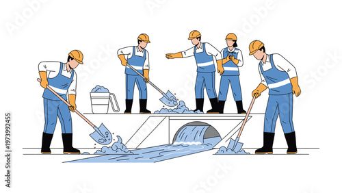 Cleaning Urban Canal: A dedicated team of workers diligently cleans an urban canal, removing debris and ensuring the smooth flow of water, showcasing their commitment to a cleaner environment.