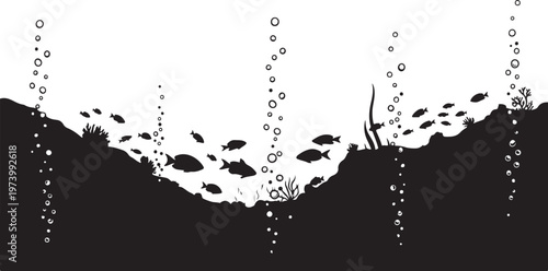 School of fish swimming in dark water silhouette scene