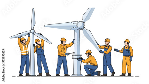 Wind Turbine Installation: A team of dedicated engineers and technicians collaborate to erect a modern wind turbine, showcasing sustainable energy solutions and engineering