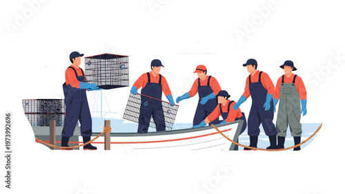 Harvesting the Sea: Fishermen diligently transfer a bounty of freshly caught shellfish from their vessel, showcasing a dedicated work ethic amid a vast maritime expanse.