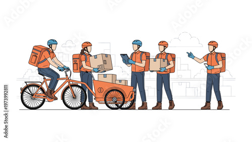 Urban Delivery Team at Work: A coordinated team of delivery personnel efficiently manages the logistics of urban package delivery using various transport methods.