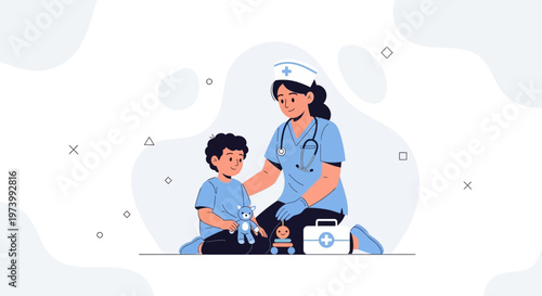 Nurse Caring for Child with Toys and First Aid Kit