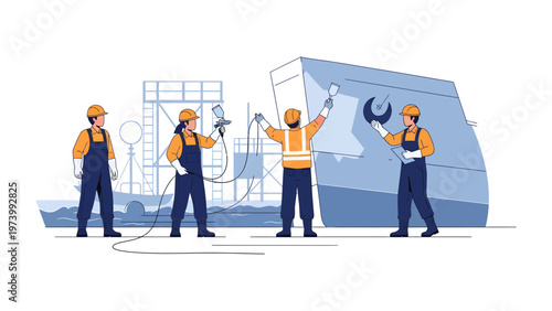 Shipyard Team: A skilled team meticulously works on a ship, focusing on painting and maintenance, showcasing the expertise and teamwork involved in maritime industry.