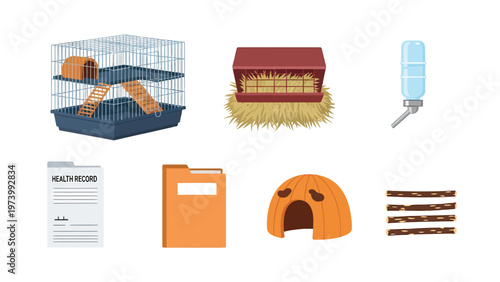 Small Rodent Pet Care Essentials Set: Cage, Hay Feeder, Water Bottle, Hideout, Health Record & Chew Toys
