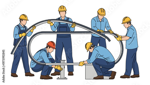 Teamwork in Action: A group of skilled workers, clad in safety gear, meticulously collaborate to assemble a complex metal structure.