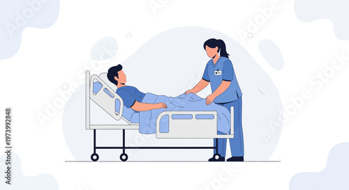 Nurse caring for patient in hospital bed, medical assistance, healthcare concept