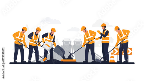 Road Crew at Work: A diligent road crew diligently paving a new road, their focused efforts laying the groundwork for seamless travel.