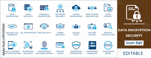Data encryption and security icon set featuring SSL encryption, VPN safety, multi-factor authentication, biometric security, digital lock, and identity verification symbols.