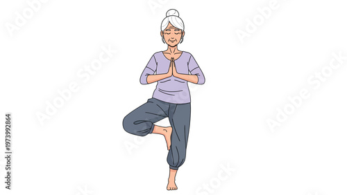 Smiling senior woman in yoga tree pose, illustrating mindfulness, balance, and active senior wellness