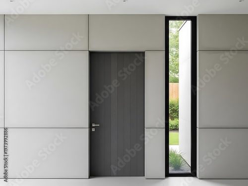 Modern interior design, gray door and minimal window with garden view