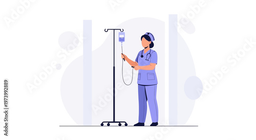 Nurse Adjusting IV Drip Stand in Hospital Room - Medical Care Illustration
