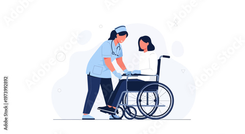 Nurse assisting patient in wheelchair, healthcare concept illustration