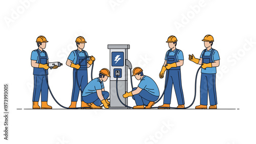 Charging Station Assembly: A team of skilled technicians meticulously assembles an electric vehicle charging station.