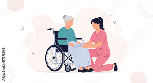 Nurse caring for elderly woman in wheelchair, home healthcare, support, compassion