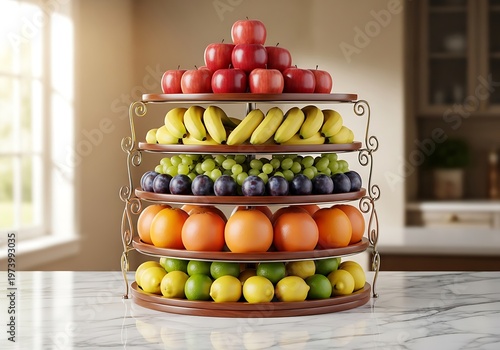 Multi-tiered fruit stand with assorted fruits on marble countertop
