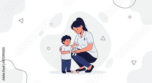 Caring nurse comforts child holding teddy bear, illustration