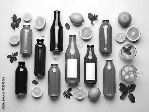 Monochrome Still Life Composition of Assorted Beverages and Citrus Fruits