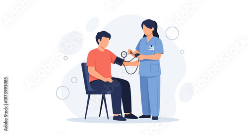 Nurse checking patient's blood pressure, medical check-up illustration