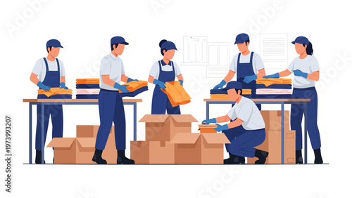 Logistics in Action: A team of skilled warehouse workers efficiently sorts and packs a variety of goods inside a bustling distribution center, highlighting the critical role of logistics