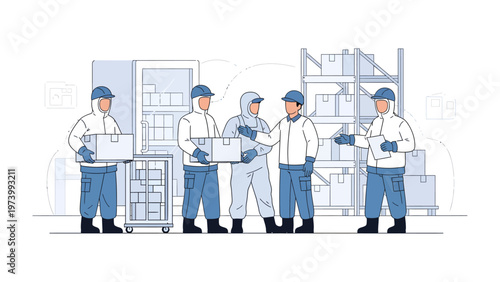 Warehouse Workforce Collaboration: A team of warehouse workers collaborate efficiently in a modern distribution center, highlighting the synergy of teamwork in logistics and supply chain management.