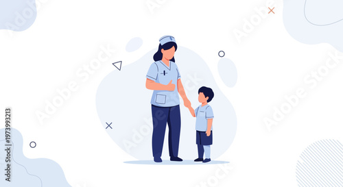 Nurse holding child's hand, medical care, pediatric health, illustration