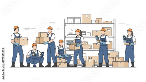 Warehouse Harmony: Illustrative workers meticulously handle boxes and products, emphasizing the efficient orchestration of operations. The scene is a tribute to the dedicated warehouse workforce.