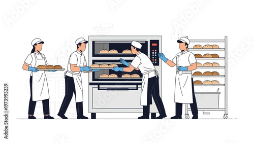 Bakers in a Baking Process: A group of bakers diligently works in a bakery, moving trays of baked goods into and out of the industrial oven, showcasing teamwork and the art of breadmaking.