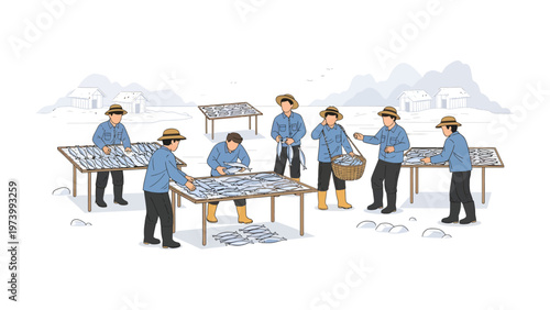 Fish Drying: A group of fishermen meticulously sorting, preparing, and drying fish on racks under a sunny sky, embodying a tradition.