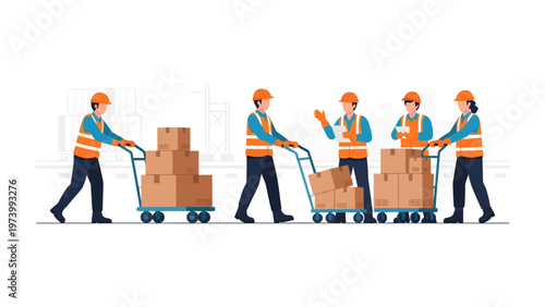 Logistics Workers at Work: A team of logistics workers diligently maneuvers their carts filled with boxes, showcasing the seamless operations of the delivery process.
