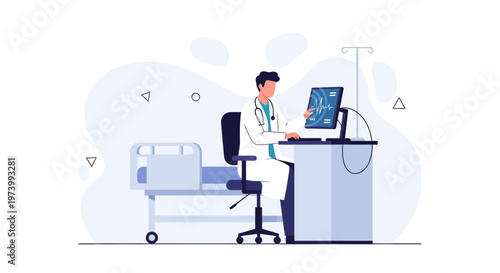 Doctor working on computer with medical chart and hospital bed in clinic
