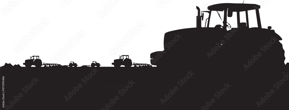 Obraz premium Tractor and farming equipment silhouettes against white background scene