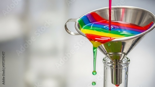 Pouring vibrant rainbow fluid through scientific funnel into a test tube
