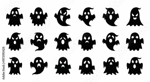 Collection of various ghost silhouettes flying.