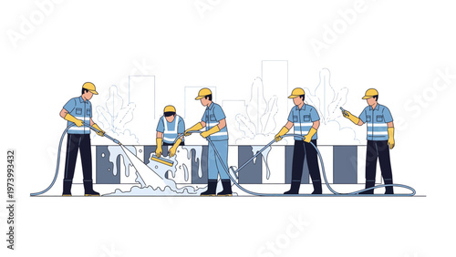 Street Cleaning Operation: A team of diligent sanitation workers collaborate to clean and maintain a street, utilizing specialized equipment and embodying community care.