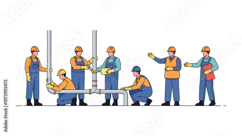 Plumbers at Work: A team of skilled plumbers diligently work to install pipes, symbolizing expertise and the essence of infrastructure. 
