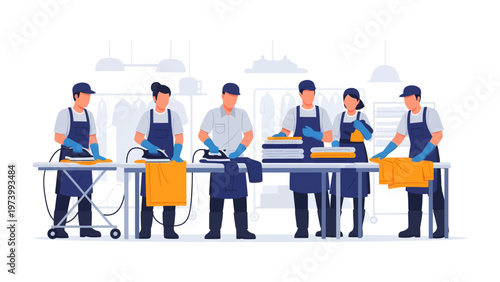 The Art of Precision: A skilled team of garment professionals working with precision in a well-lit laundry service environment.