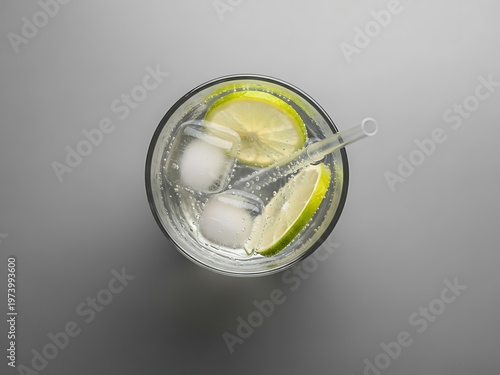Refreshing lime sparkling water with ice cubes and straw overhead view