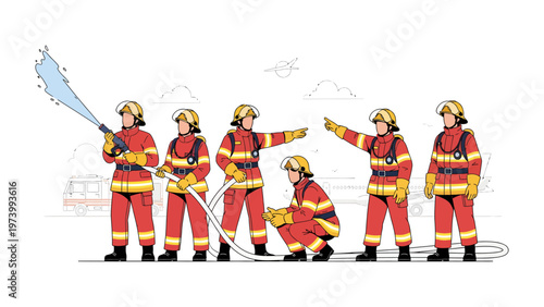 Brave Brigade: A group of resolute firefighters clad in protective gear, demonstrating their training and expertise with water hoses.