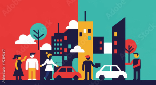 People standing on urban city sidewalk.