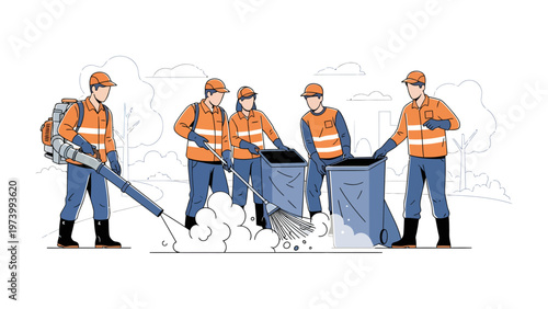 Urban Sanitation Squad: A dedicated crew of sanitation workers diligently maintain urban cleanliness using various tools for refuse removal. Their focus and commitment shine through every action.