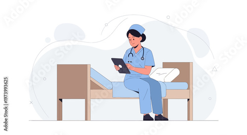 Nurse in uniform with stethoscope using tablet on hospital bed