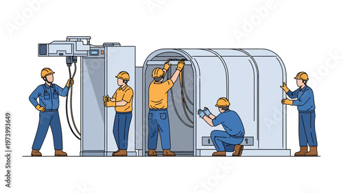 Industry Professionals at Work: Skilled workers diligently inspect and maintain complex machinery, symbolizing expertise and precision within an industrial setting. 