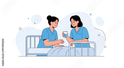 Nurse giving water to patient in hospital bed, healthcare illustration