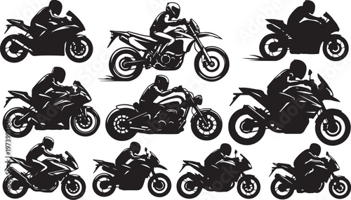 Motorcycle riders in various poses and silhouettes on bikes