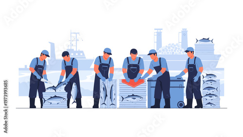 Fish Processing Team: A team of skilled workers, dressed in work attire, meticulously process a bountiful catch of fish, likely at a bustling port or dock.