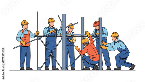 Construction Crew Assembling Scaffold: A team of construction workers diligently assembles a robust scaffold, showcasing precision and teamwork in the building process.