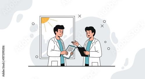 Two doctors discussing medical reports in a bright, modern office setting.