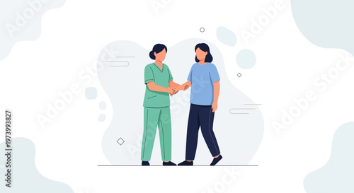 Nurse and patient shaking hands, illustration of healthcare support and medical care